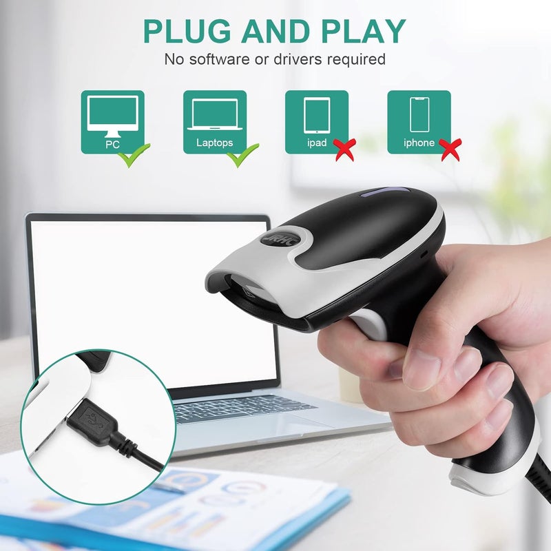 JRHC Barcode Scanner, Handheld USB QR Code Scanner Wired Connection Barcode Reader 1D 2D&PDF417 Data Matrix Automatic Plug&Play Bar Code Scanners for Desktop Store Supermarket Warehouse Library Book - Image 2